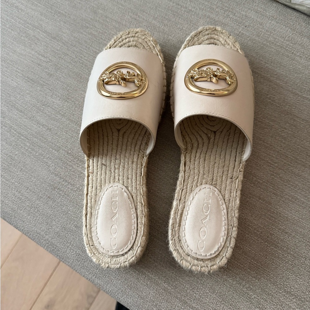 Coach Cream Espadrille Slides with Gold Logo